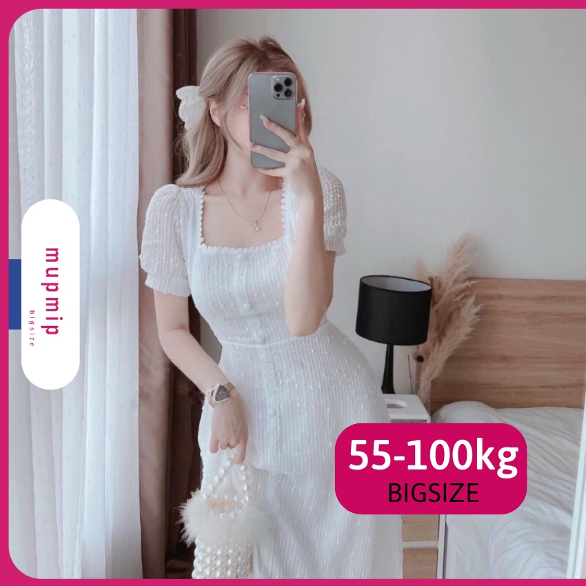 Đầm Dự Tiệc Bigsize Nữ Thiết Kế Cổ Vuông Nút Bọc Kiểu Tay Bồng Dáng Xoè Chất Vải Đũi Mềm Mát Mupmip M941