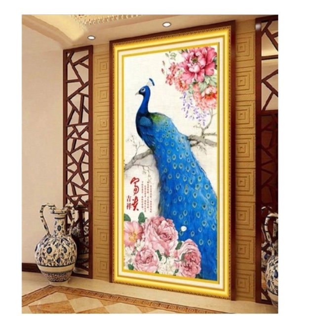 Tranh thêu kín chim công khổ dọc cực đẹp 74x149cm chỉ lự