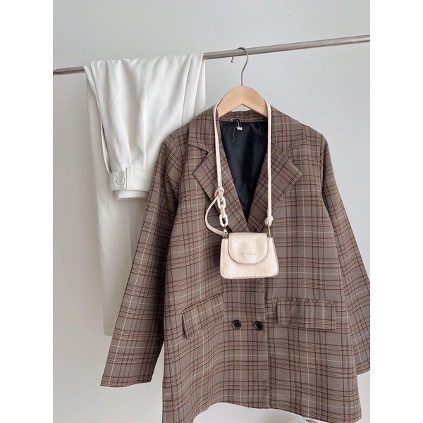 [ẢNH THẬT]Áo blazer màu Kẻ Nâu Tay sang chảnh trơn Khoác Dạ Dáng Dài - dáng suông rộng trượt vạt bầu dáng rộng- áo khoá