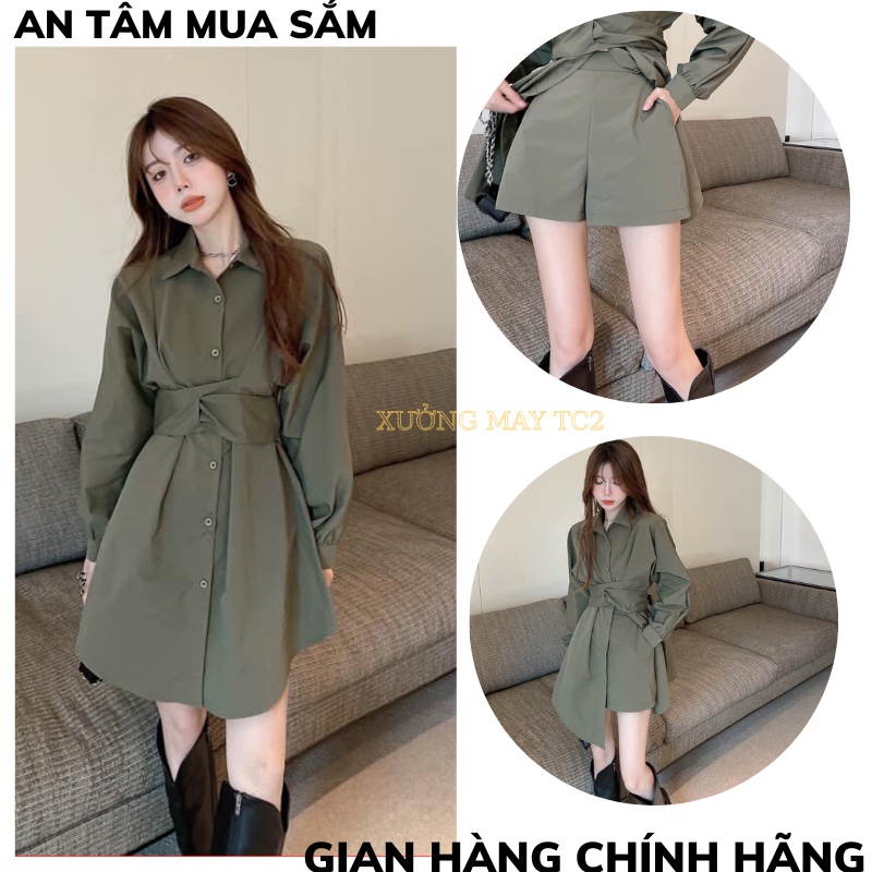 Áo sơmi eo bó cách điệu form dài + Quần short cùng mẫu sét bộ sơ mi dáng dài kèm quần XƯỞNGMAYTC2
