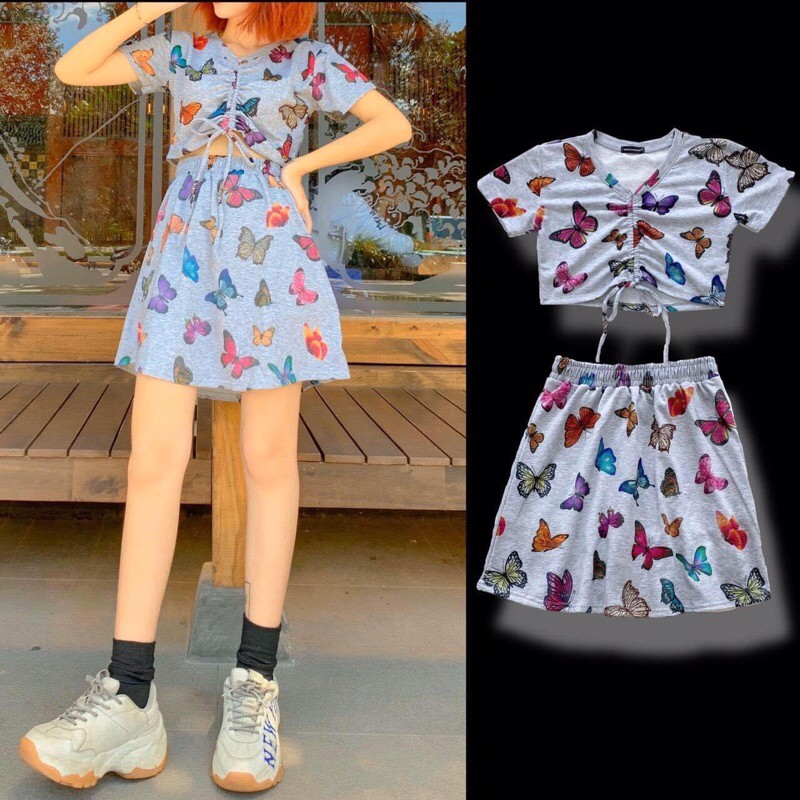 Set CropTop Dây Rút+ Váy Bướm Kèm Ảnh Thật