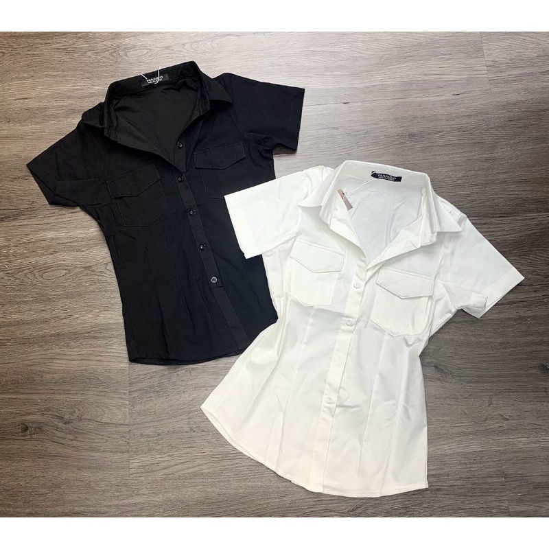 Áo sơ mi tay ngắn xanh lá cam trắng