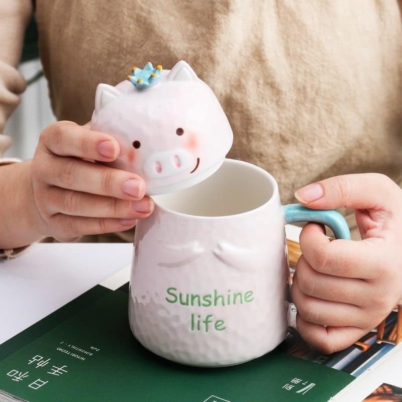 Cốc sứ uống trà,cafe có nắp hình heo,mèo, gấu Cute