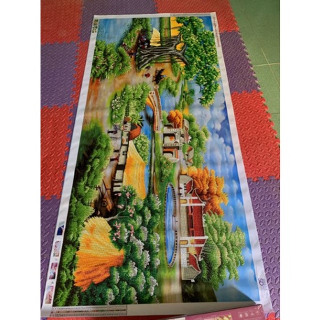 Tranh đính đá phong cảnh đồng quê KT:200x85cm , gắn 90%.Tranh gắn đá tự làm.