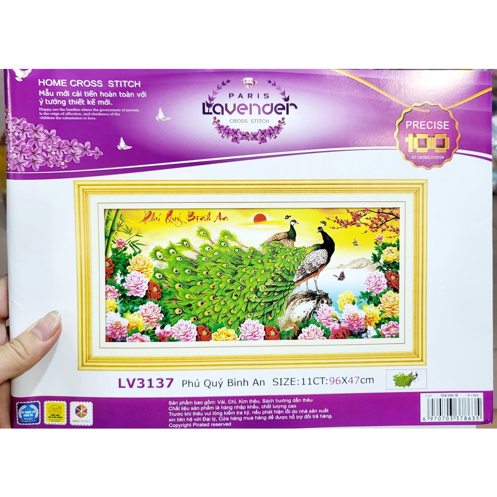 Tranh thêu 3D phú quý bình an KT:96x47cm,tranh chưa thêu.Tặng kéo và xỏ chỉ.