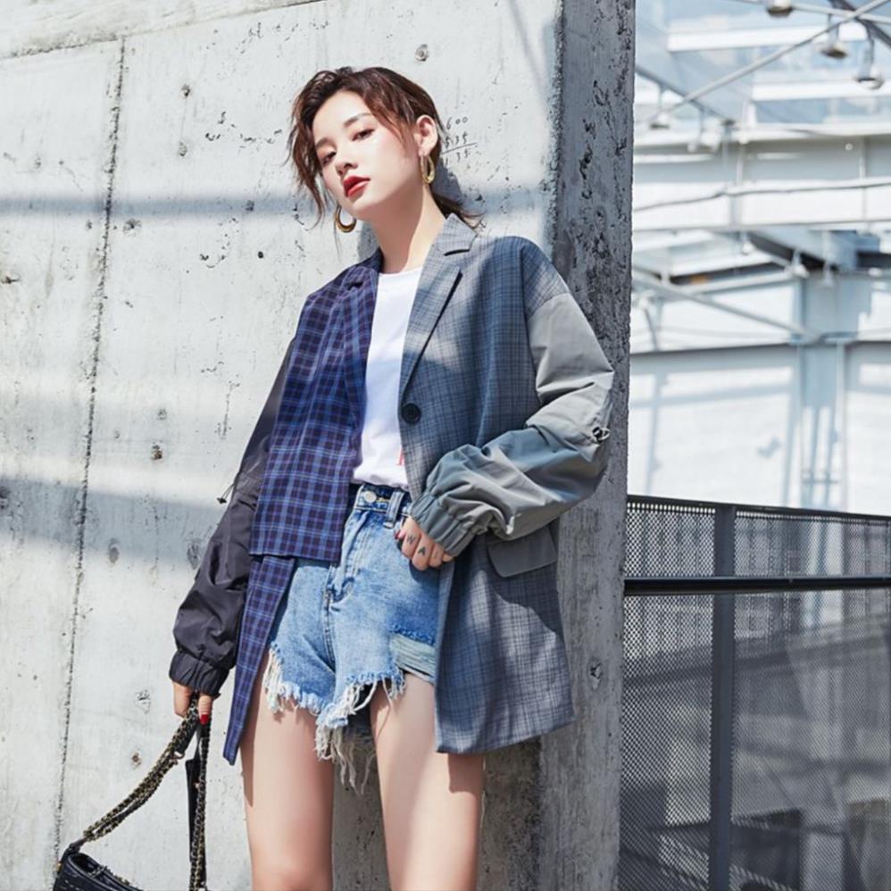 Áo khoác Blazer sọc Caro mix không cân xứng Unisex cho nam nữ thời trang độc đáo MB