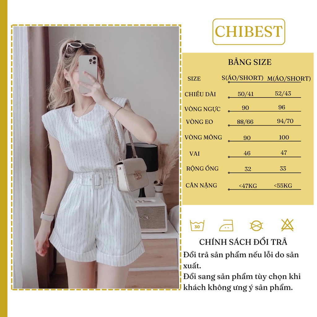Set short kèm dây betl phối áo cổ tròn tay gấp line chất liệu bố phong cách hàn quốc CHIBEST HSB79
