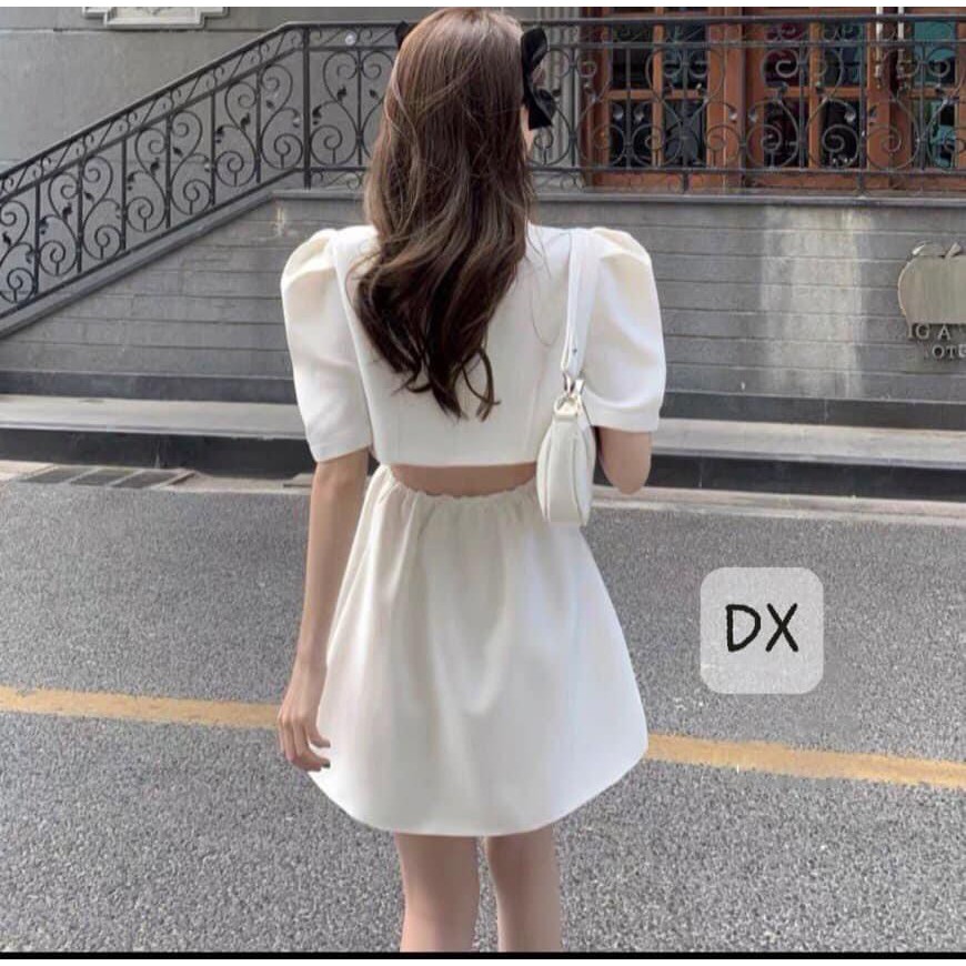 Đầm Cut Out Nữ Hàn Quốc Ngắn Tay Cổ Vest Cúc Cài Phối Nơ 2 Màu Siêu Xinh