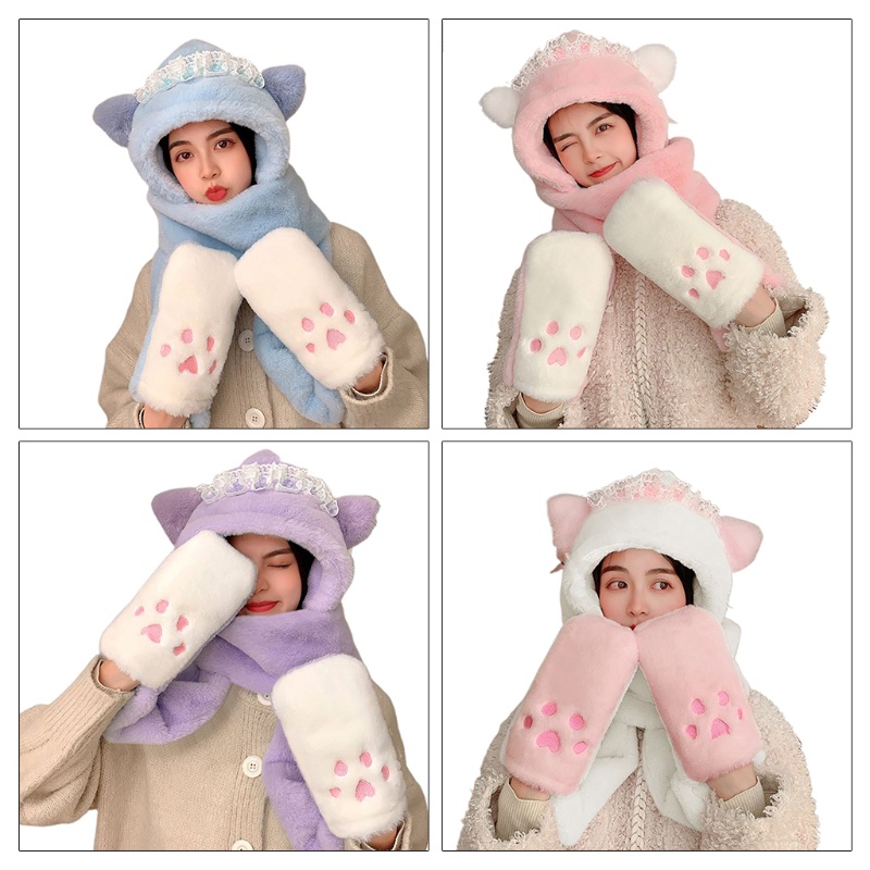 Set Mũ Len Kèm Khăn Choàng Cổ Và Găng Tay Giữ Ấm Mùa Đông Đính Tai Gấu Dễ Thương Thời Trang Cho Bé Gái