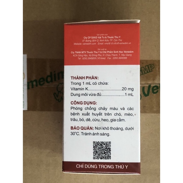 1Chai Vitamin K 100ml dùng cho chó mèo, heo, trâu bò