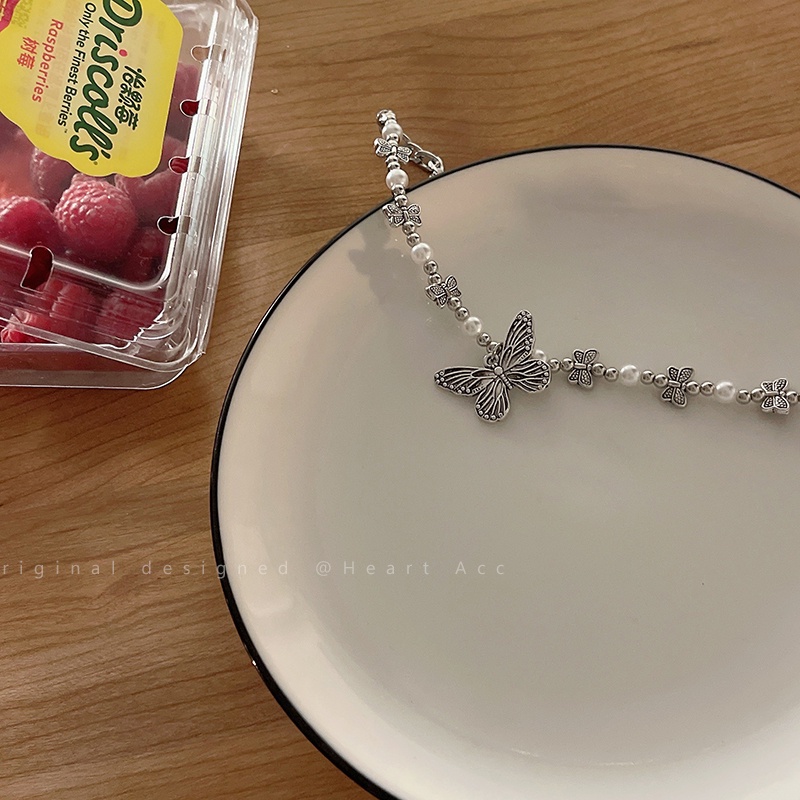 Vòng cổ Thép Titan Mặt Hình Bướm Đính Ngọc Trai Phong Cách Hip Hop