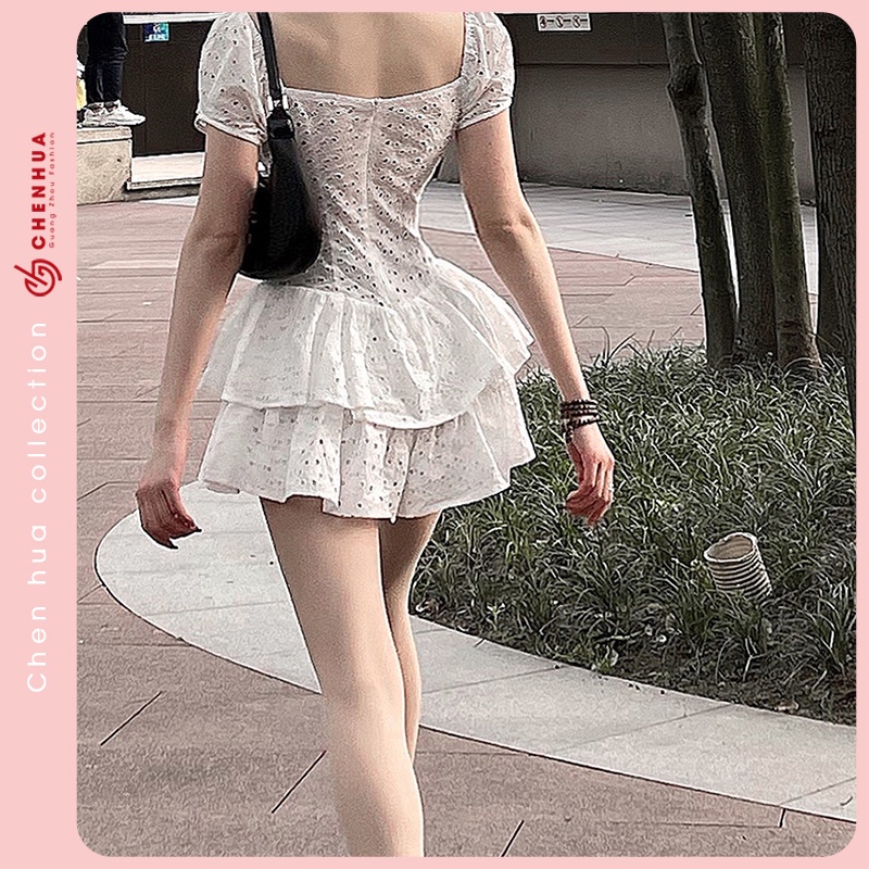 Váy bánh bèo HUAHUA đầm retro thắt eo dài tay xinh đẹp VT38