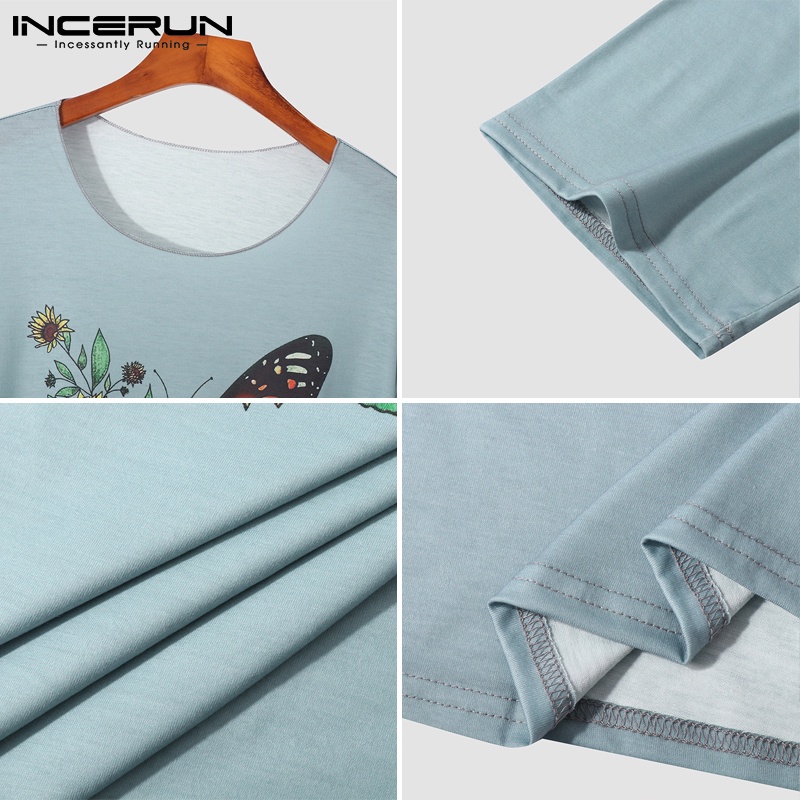INCERUN Áo Thun Tay Ngắn Dáng Rộng In Hình Bướm Thời Trang Mùa Hè Trẻ Trung Cho Nam