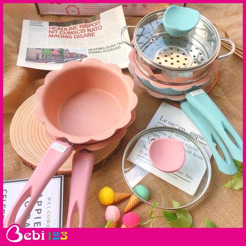 Bộ nồi chảo đá kèm xửng hấp nấu đồ ăn dặm, men đá chống dính cao cấp cho mẹ và bé