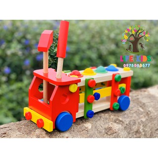 Đồ chơi gỗ - Bộ xe lắp ráp, xếp hình kèm đập bóng -xe ốc vít lắp ráp kèm đập bóng