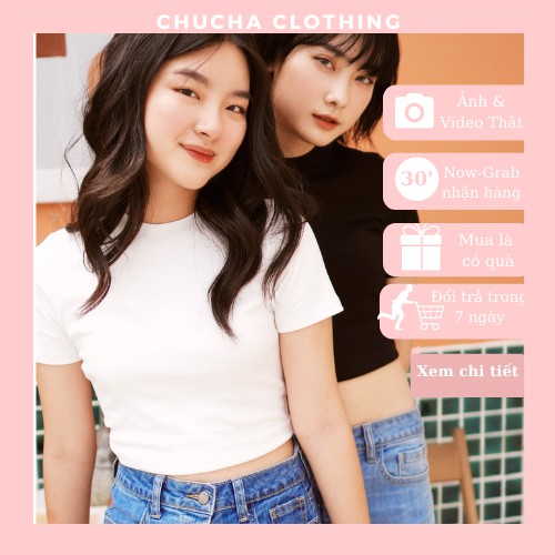 Free Ship-Áo Thun Tay ngắn nữ cổ tròn trơn Cơ bản dáng croptop chất thun gân (Video + ảnh thật)