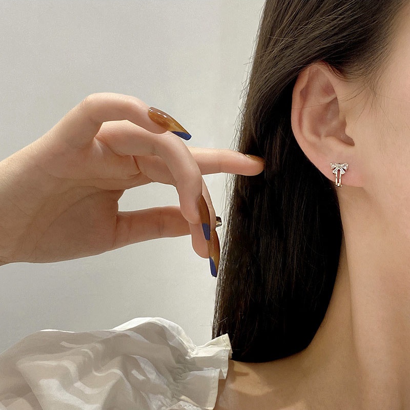 Bông tai bạc 925 hình nơ đính đá zircon đơn giản thời trang