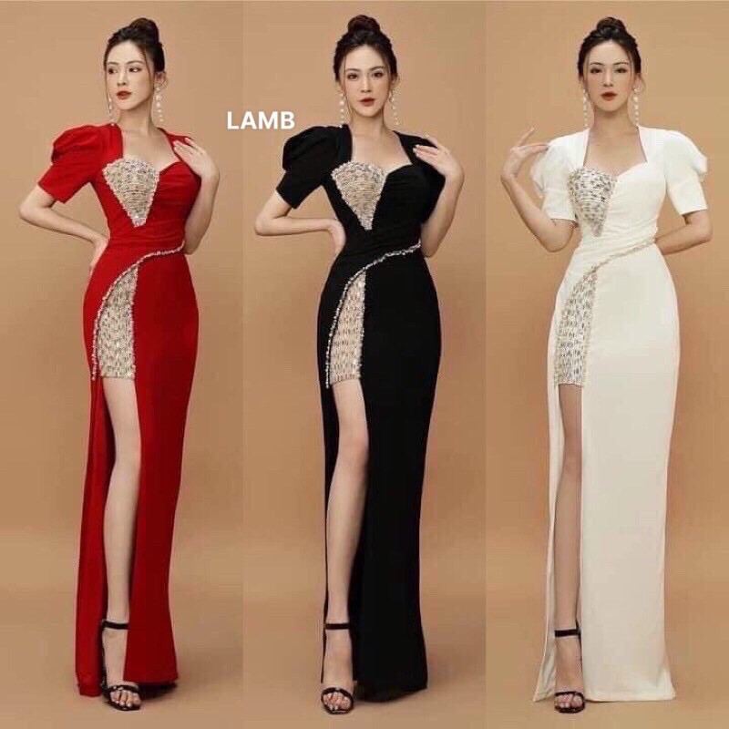 Đầm Dạ Hội Thiết Kế Kết Pha Lê Tay Phồng, Váy đầm dự tiệc cao cấp l