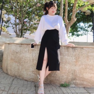 📣Set Váy Xẻ Tà + Croptop Tay Dài Trơn