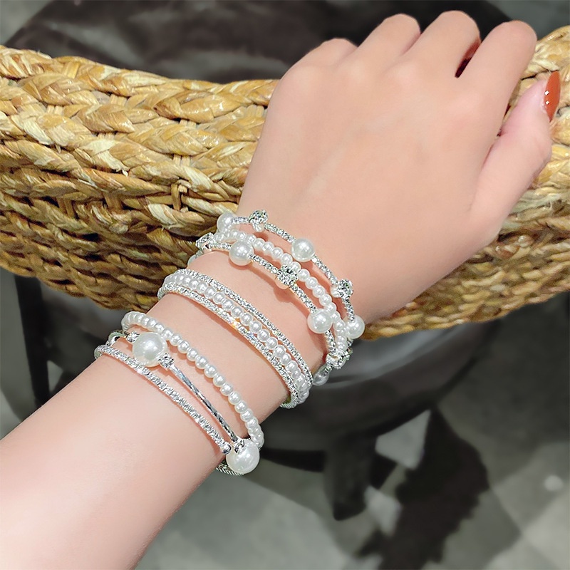 Vòng Tay Hai Lớp Đính Hạt Ngọc Trai Phong Cách Hàn Quốc