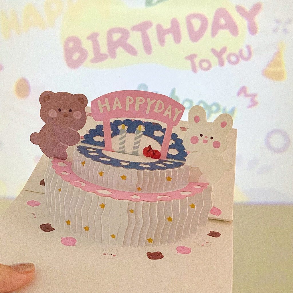 Thiệp chúc mừng sinh nhật hình gấu thỏ 3D dễ thương