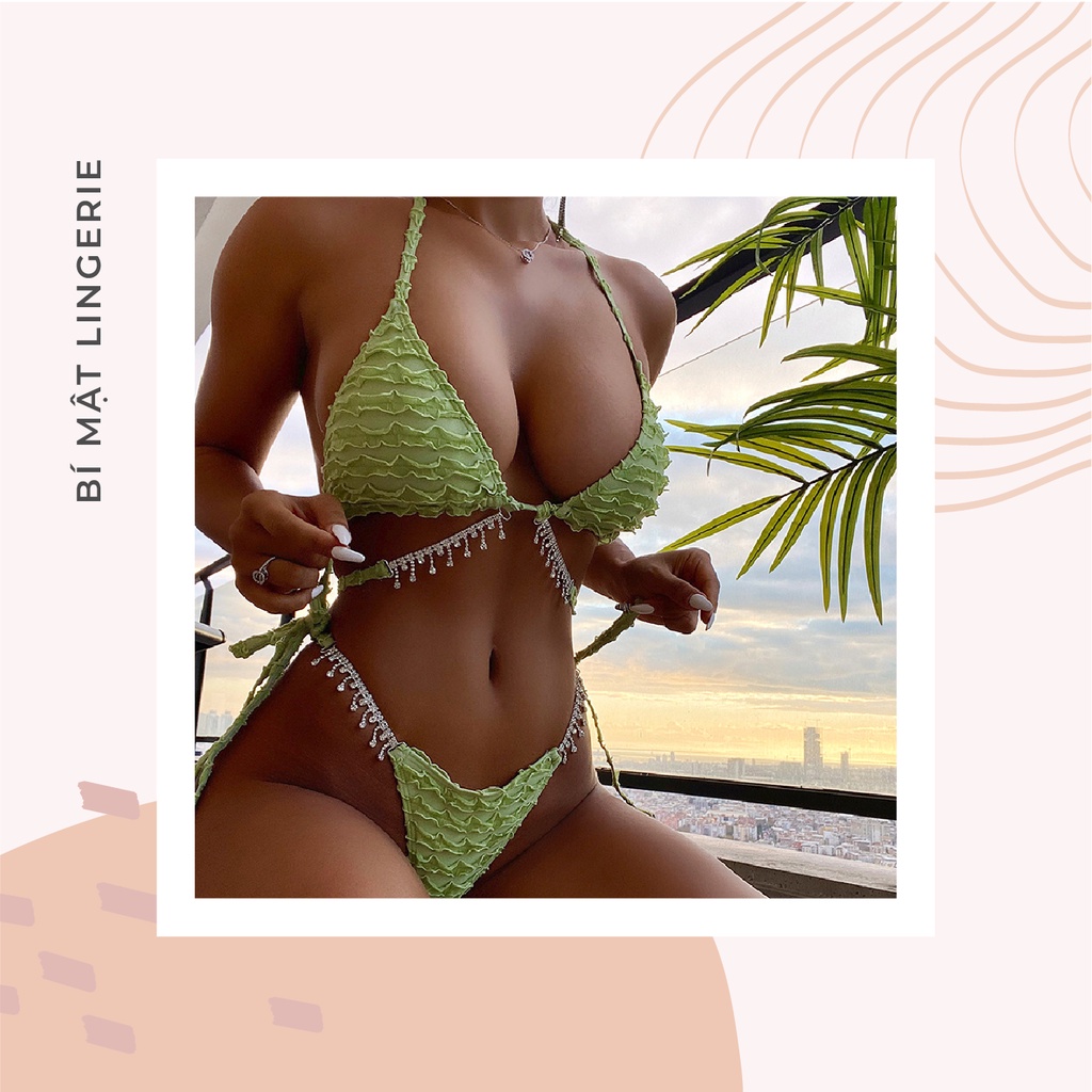 Bikini đồ bơi sexy buộc dây xanh bơ kèm dây đính đá lấp lánh vải nhún tôn da