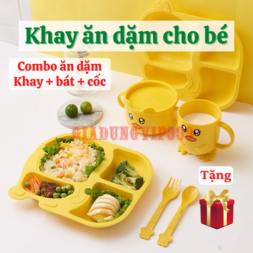 [TRỌN BỘ] Khay ăn dặm  Khay ăn cho bé lúa mạch cao cấp kèm cốc bát hình vịt con dễ thương an toàn trong lò vi sóng