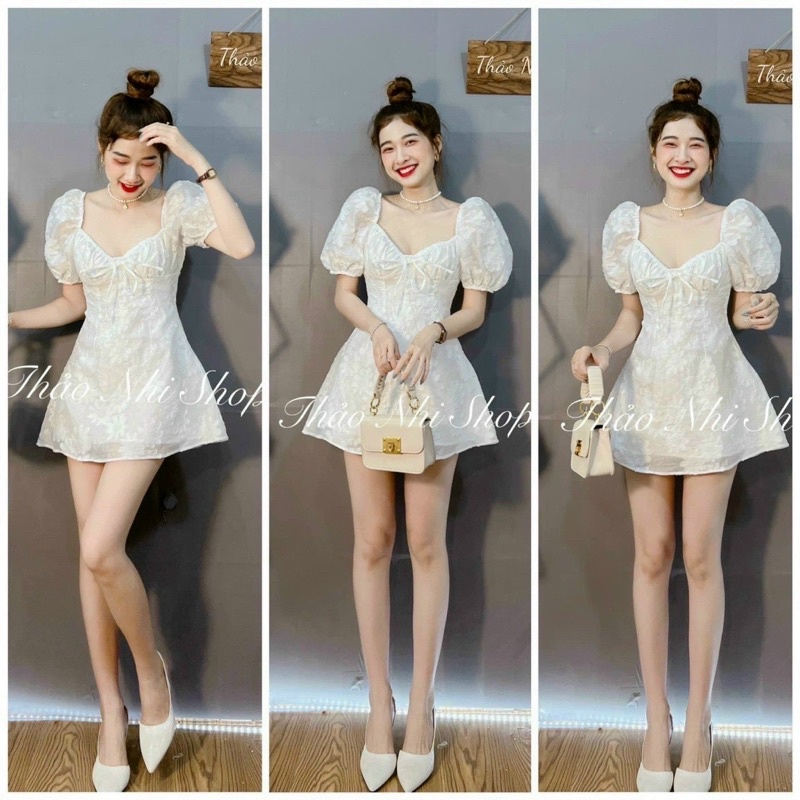 ĐẦM TRẮNG HOA NỔI NHÍU CÚP NGỰC TAY BỒNG