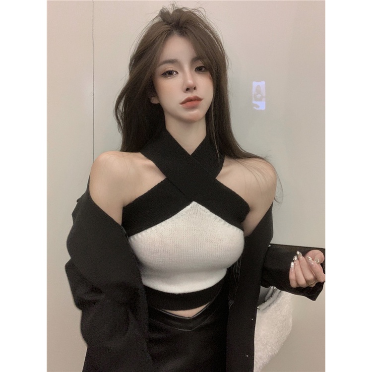 Porozi  Áo croptop  dây chéo hở vai quyến rũ phong cách Hàn Quốc