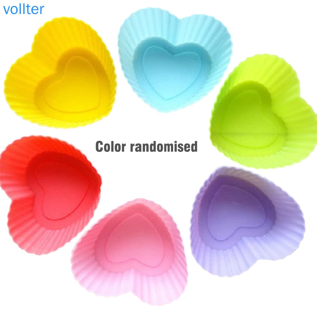 Set 6 Cốc Silicon Chống Dính Làm Bánh Cupcake Hình Trái Tim Xinh Xắn Tiện Dụng