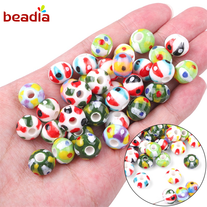 Set 2 hạt sứ tráng men BEADIA hình hoa graffiti lỗ lớn phẳng vui nhộn cho trang sức DIY
