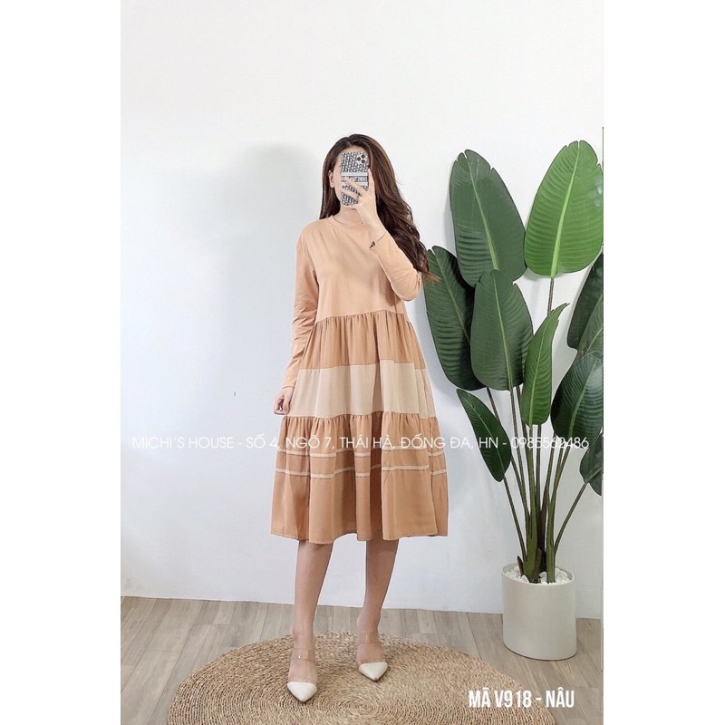 Váy bầu cotton dài tay THU ĐÔNG, xếp tầng v244