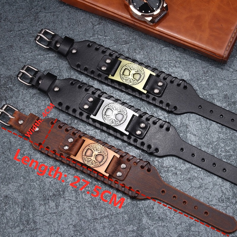 Vòng Tay Da Mặt Kim Loại Hình Cây Đời Viking Phong Cách Hip Hop Dành Cho Nam