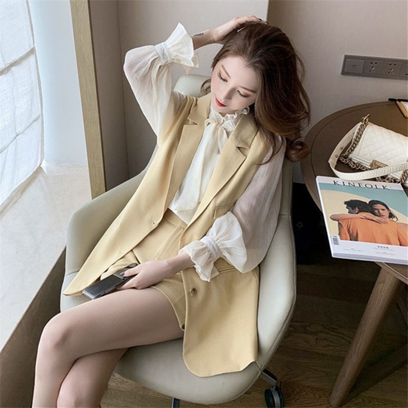 Set áo vest quần short + áo sơ mi phong cách Hàn Quốc thời trang thanh lịch cho nữ 2022