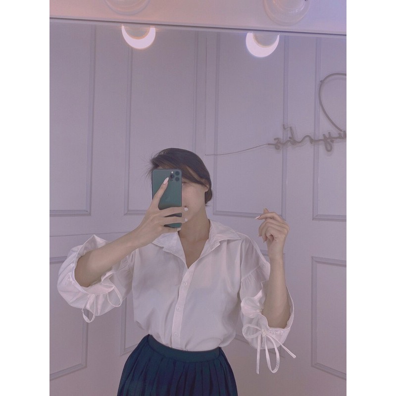 áo sơmi trắng form rộng tay phồng rút dây thắt nơ cổ (ảnh thật) | BigBuy360 - bigbuy360.vn