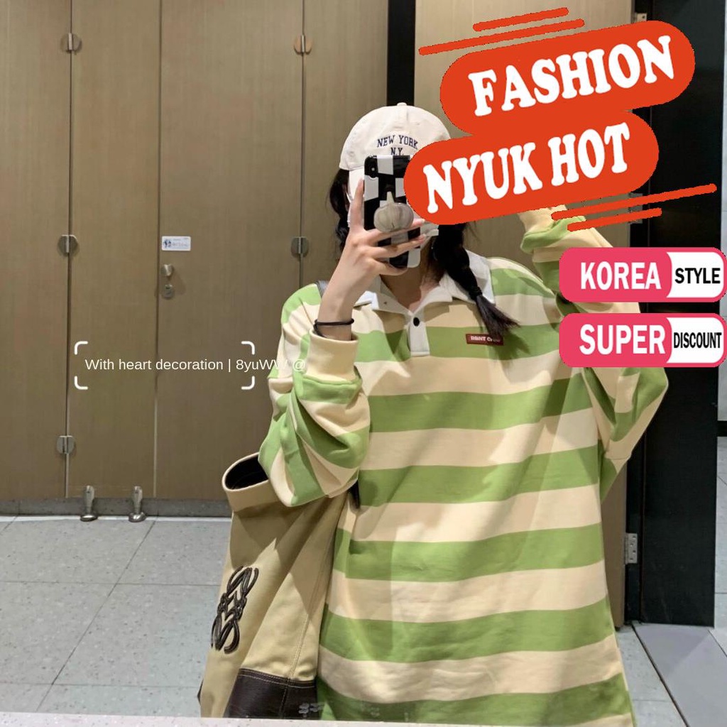 Áo Sơ Mi Tay Dài Cổ Polo Form Rộng Họa Tiết Kẻ Sọc Thời Trang Hàn Quốc Cho Nữ | BigBuy360 - bigbuy360.vn