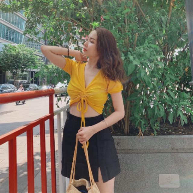 Áo crop top rút dây ngực thun gân cực xinh