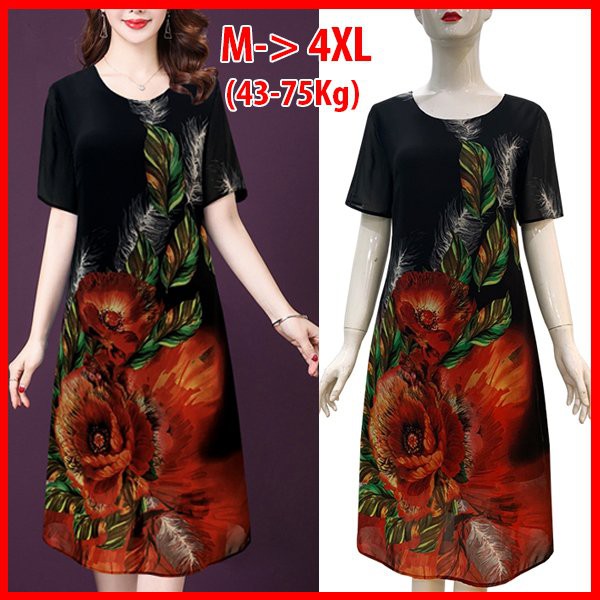 GOTI - Đầm Trung Niên Size Lớn Cao Cấp Kiểu Dáng Suông Voan In Hoa Dài Qua Gối Tay Lỡ Cho Mẹ U50 U60 3314
