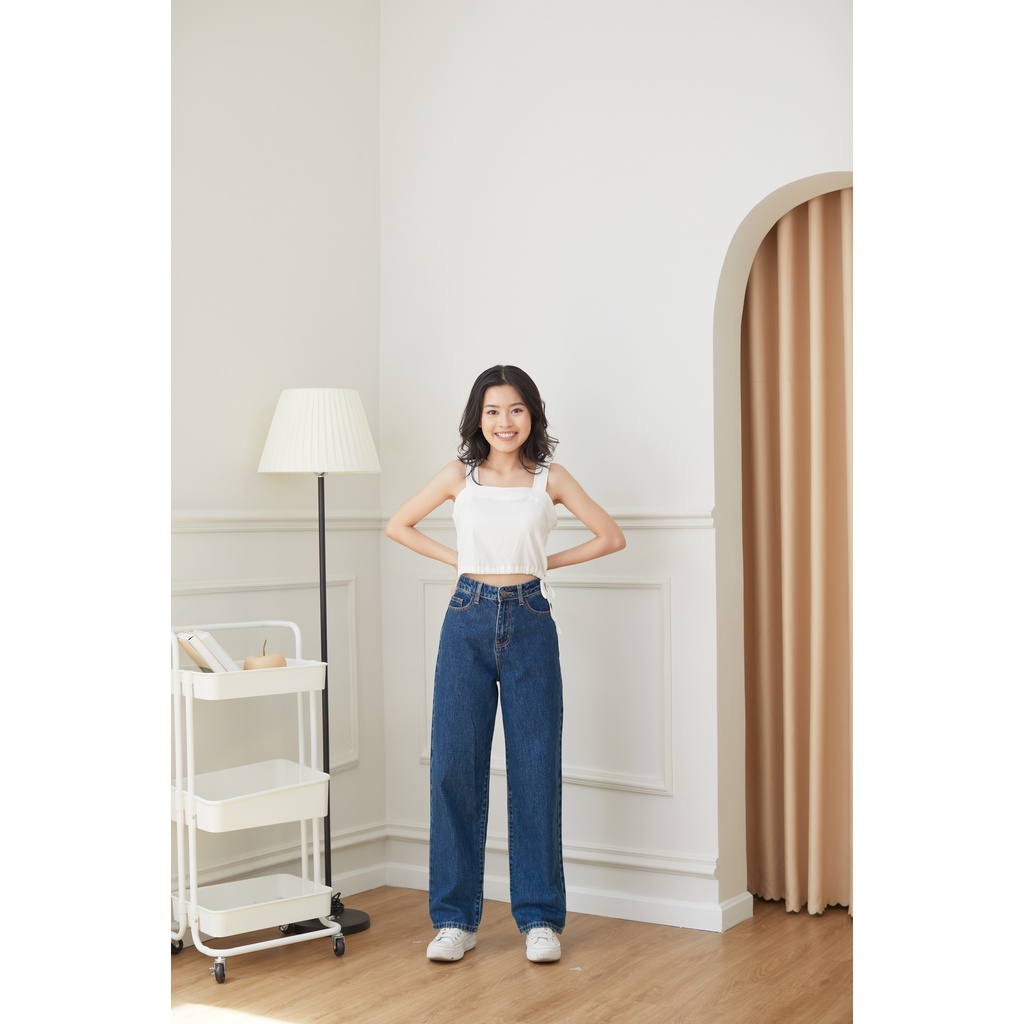 Quần Jeans Nữ Lưng Cao Ống Suông Rộng Màu Xanh Đậm LDL-103