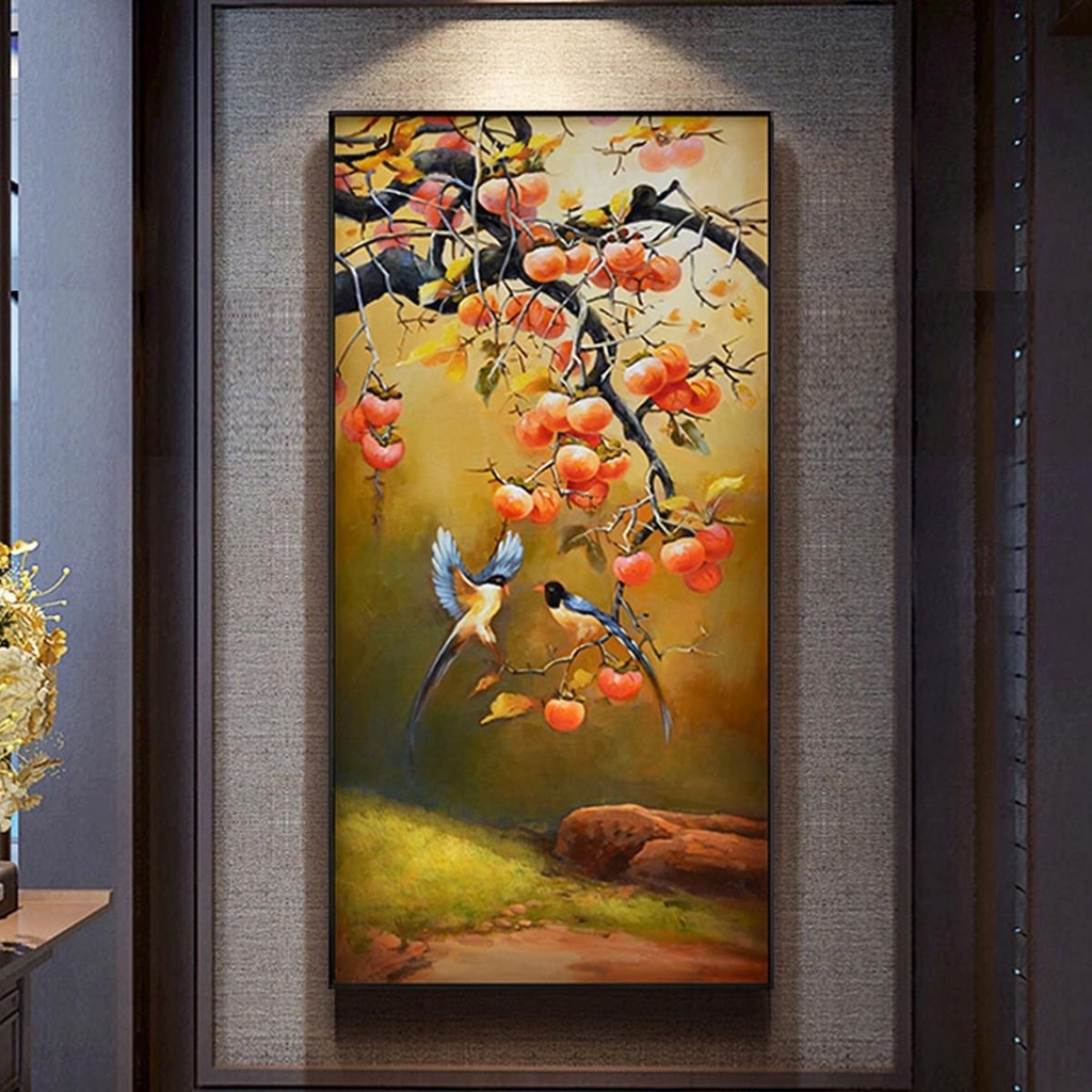 Tranh canvas treo tường đôi chim trên cành trái hống khỏ dọc - 50 x 100cm