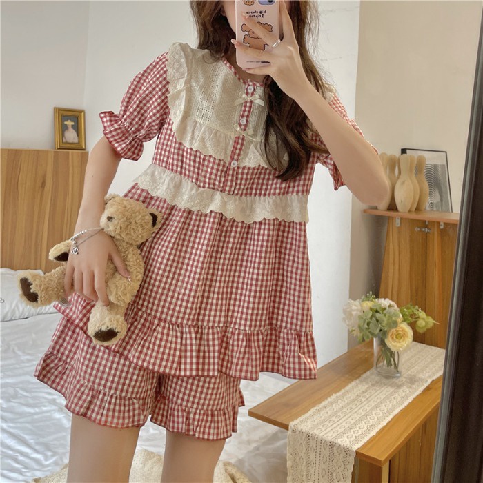 (SẴN) Set bộ ngắn sọc caro đỏ mặc nhà quảng châu