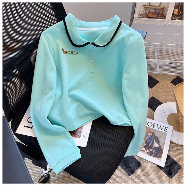 Áo Thun Lửng Tay Dài Có Cổ Thêu Chữ Thời Trang Mùa Thu Mới Cho Nữ