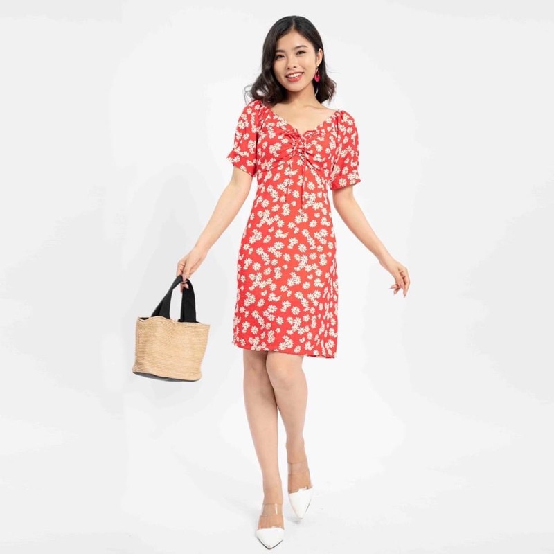 Đầm Nữ Mùa Hè Cổ V Hoa Cúc Tay Phồng Chữ A | BigBuy360 - bigbuy360.vn