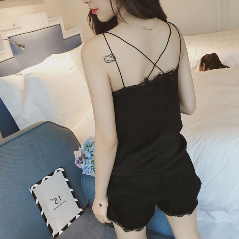 Bộ đồ ngủ nữ viền ren 2 dây chéo lưng sexy, pijama lụa mặc nhà mùa đông, iBra's store AM5
