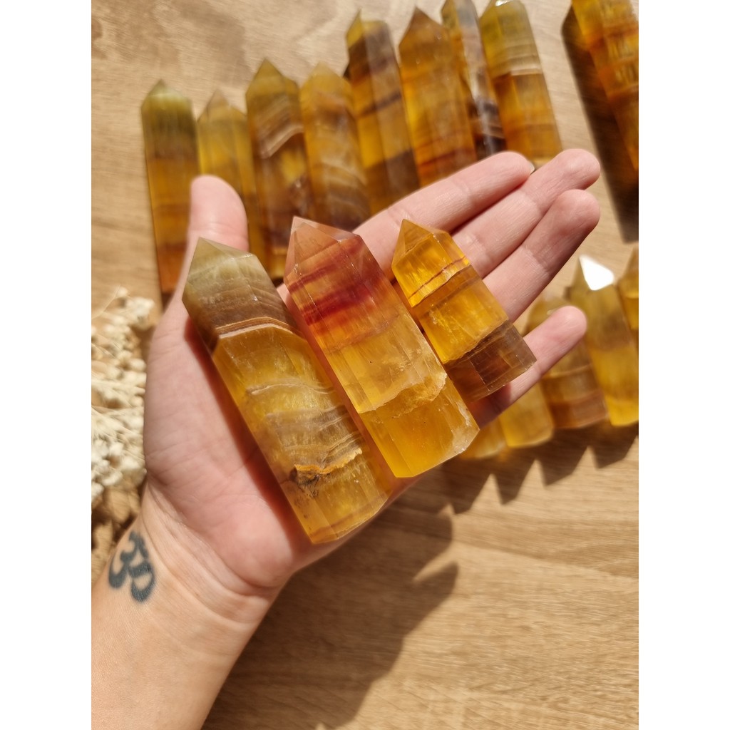 [Linh Linh]Trụ đá thanh tẩy Fluorite vàng (Yellow Fluorite), đá phong thủy dùng trong Tarot, reiki, thiền định
