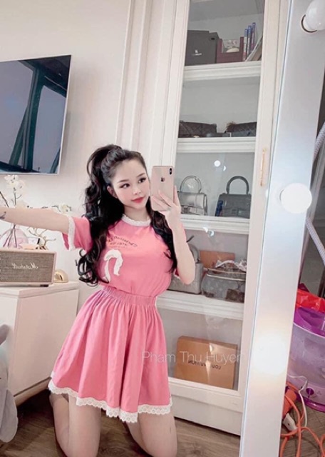 Sét áo thun nơ quần giả váy viền ren | BigBuy360 - bigbuy360.vn