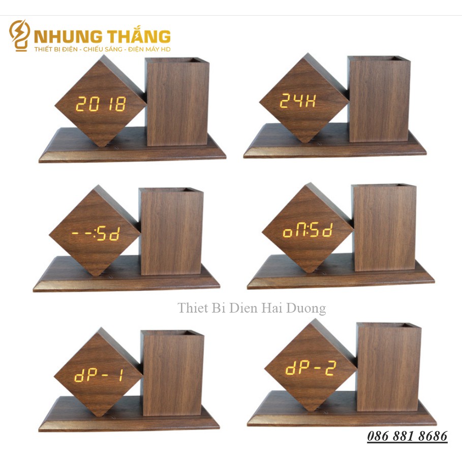 Đồng Hồ Gỗ Led Để Bàn Hình Vuông Chéo DH-95 - Kiêm Ống Đựng Bút - 4 Màu Thanh Lịch - Trang trí decor vintage Căn Phòng