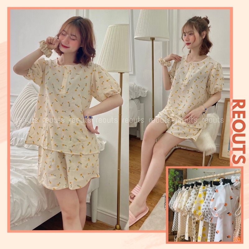 Đồ bộ nữ mặc nhà pijama Đồ ngủ dễ thương mùa hè tặng kèm scrunchie Thời trang nữ Reouts