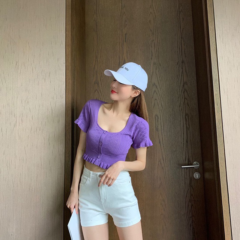 Áo len ZHELIHANGFEI tay ngắn cổ vuông thời trang trẻ trung cho nữ