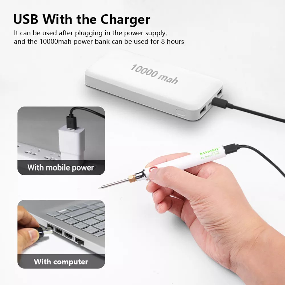 HANDSKIT Mỏ Hàn Sạc USB Bộ Mỏ Hàn Điện Điều Chỉnh Nhiệt Độ 5V 8W Có Chân Đế Hàn Dây Hàn